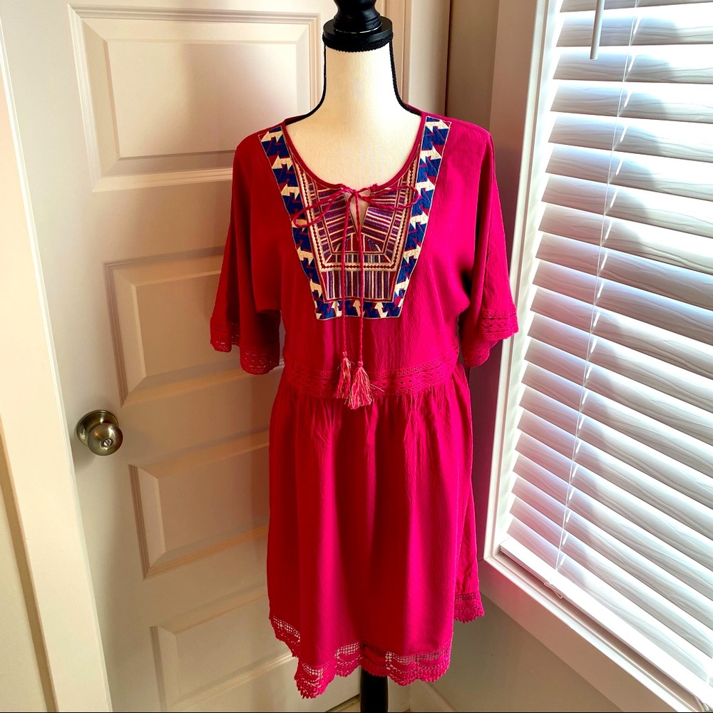 Ella Moon|| Magenta/blue crepe texture dress with lace accents and tassel tie